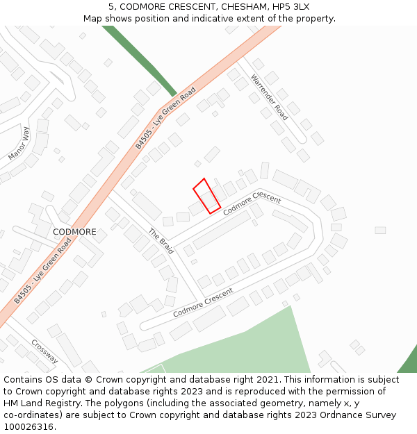 5, CODMORE CRESCENT, CHESHAM, HP5 3LX: Location map and indicative extent of plot