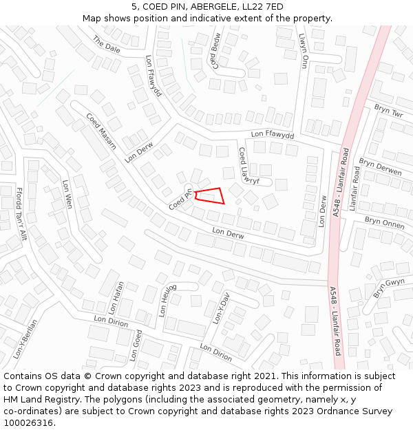 5, COED PIN, ABERGELE, LL22 7ED: Location map and indicative extent of plot