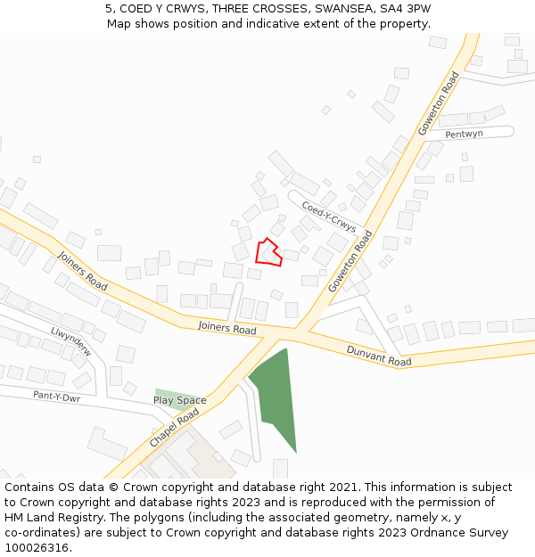 5, COED Y CRWYS, THREE CROSSES, SWANSEA, SA4 3PW: Location map and indicative extent of plot