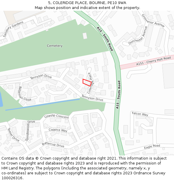 5, COLERIDGE PLACE, BOURNE, PE10 9WA: Location map and indicative extent of plot