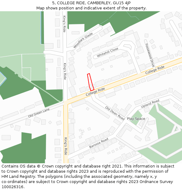 5, COLLEGE RIDE, CAMBERLEY, GU15 4JP: Location map and indicative extent of plot