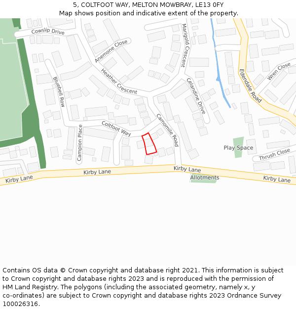 5, COLTFOOT WAY, MELTON MOWBRAY, LE13 0FY: Location map and indicative extent of plot