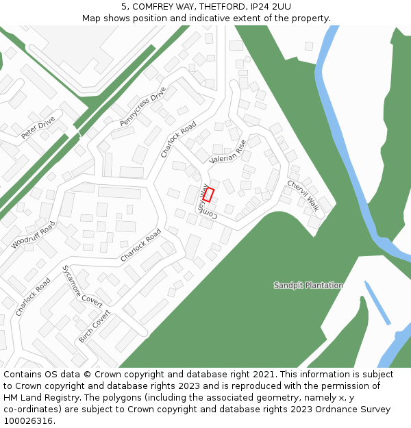 5, COMFREY WAY, THETFORD, IP24 2UU: Location map and indicative extent of plot