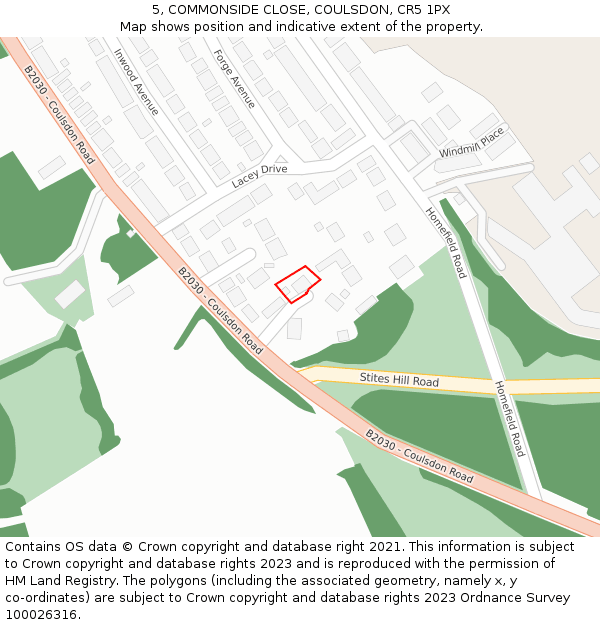 5, COMMONSIDE CLOSE, COULSDON, CR5 1PX: Location map and indicative extent of plot