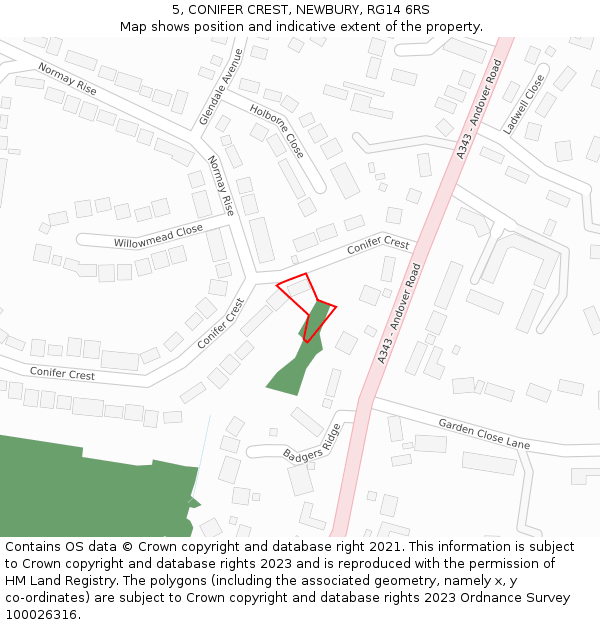 5, CONIFER CREST, NEWBURY, RG14 6RS: Location map and indicative extent of plot