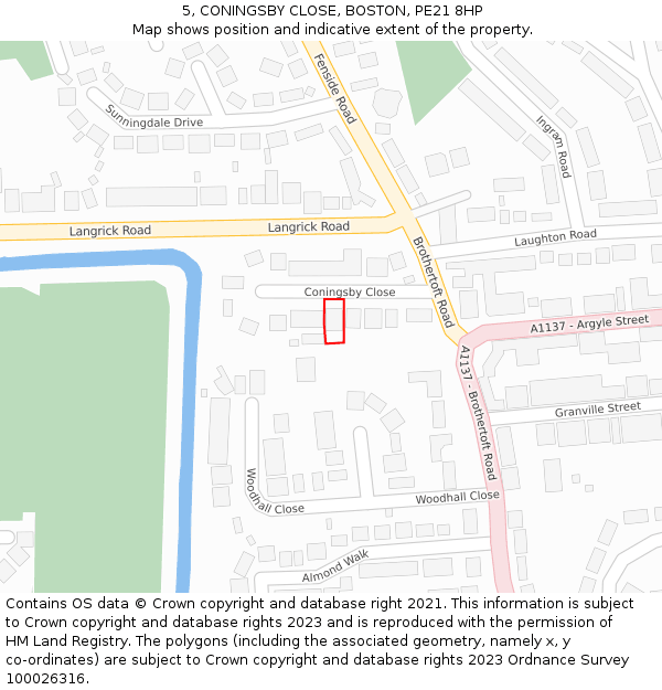 5, CONINGSBY CLOSE, BOSTON, PE21 8HP: Location map and indicative extent of plot