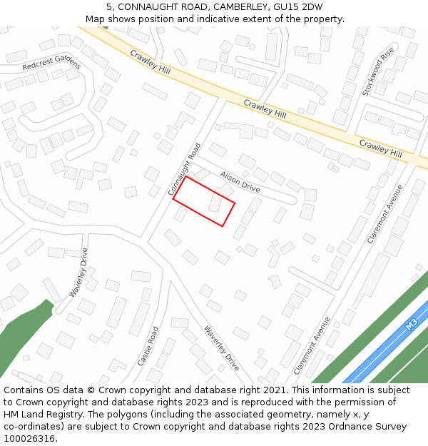 5, CONNAUGHT ROAD, CAMBERLEY, GU15 2DW: Location map and indicative extent of plot