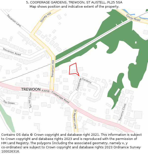 5, COOPERAGE GARDENS, TREWOON, ST AUSTELL, PL25 5SA: Location map and indicative extent of plot