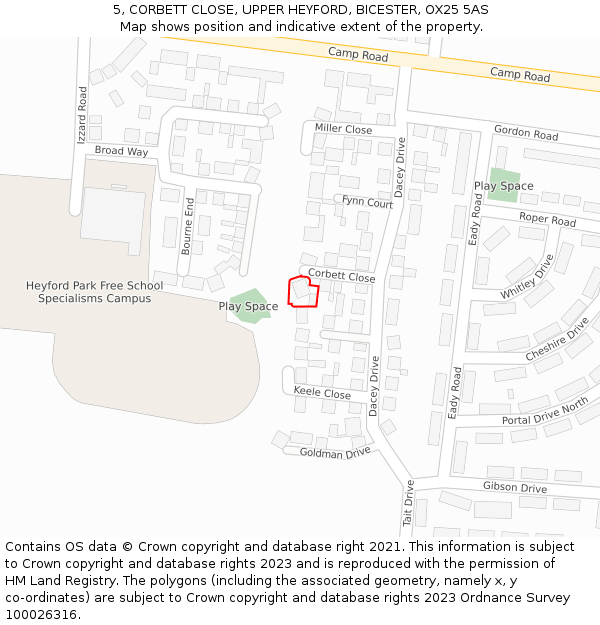 5, CORBETT CLOSE, UPPER HEYFORD, BICESTER, OX25 5AS: Location map and indicative extent of plot