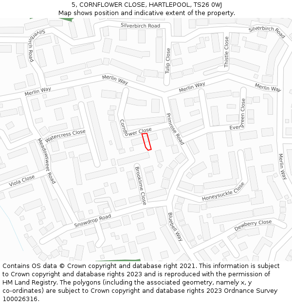 5, CORNFLOWER CLOSE, HARTLEPOOL, TS26 0WJ: Location map and indicative extent of plot