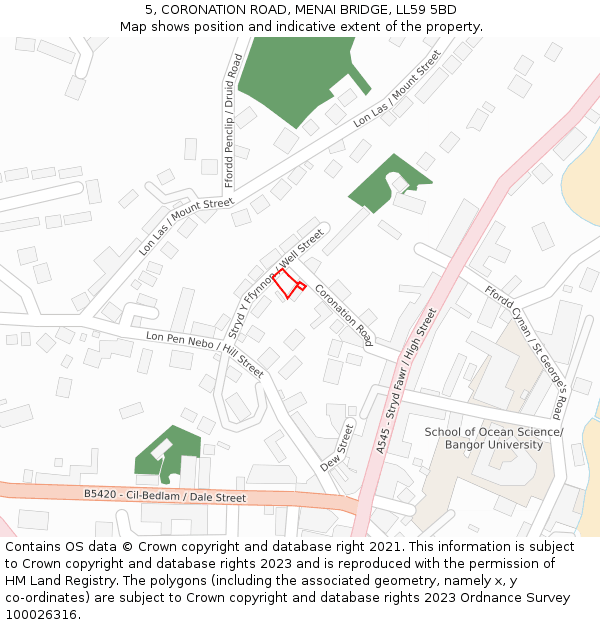 5, CORONATION ROAD, MENAI BRIDGE, LL59 5BD: Location map and indicative extent of plot