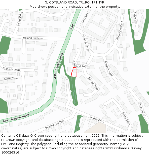 5, COTSLAND ROAD, TRURO, TR1 1YR: Location map and indicative extent of plot