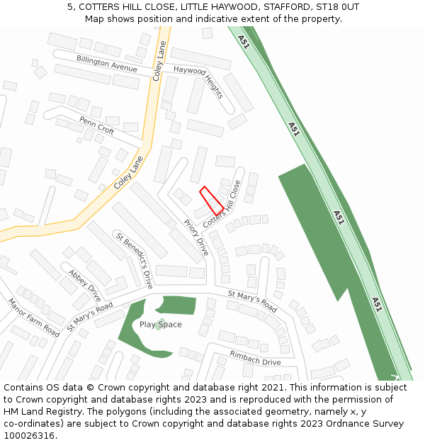 5, COTTERS HILL CLOSE, LITTLE HAYWOOD, STAFFORD, ST18 0UT: Location map and indicative extent of plot