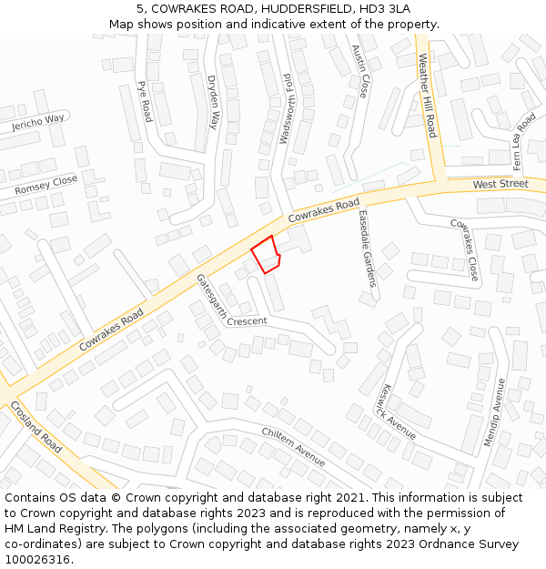 5, COWRAKES ROAD, HUDDERSFIELD, HD3 3LA: Location map and indicative extent of plot