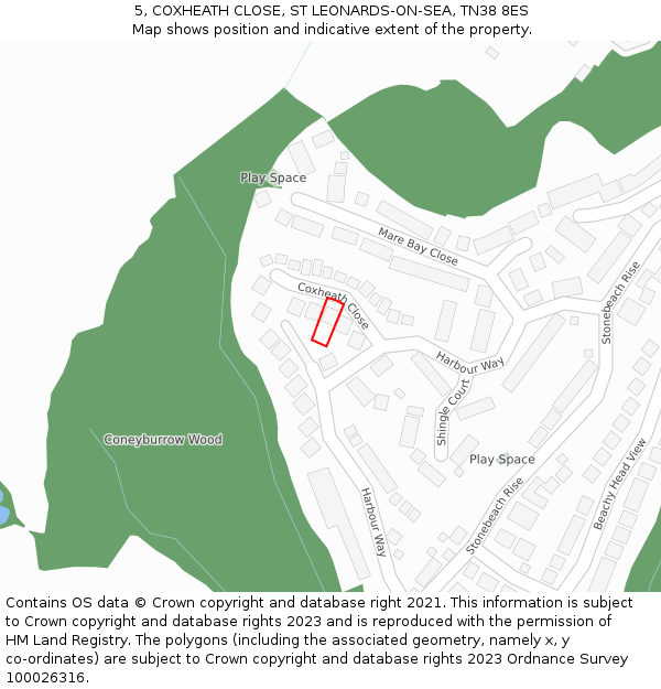 5, COXHEATH CLOSE, ST LEONARDS-ON-SEA, TN38 8ES: Location map and indicative extent of plot