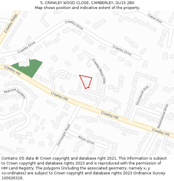 5, CRAWLEY WOOD CLOSE, CAMBERLEY, GU15 2BX: Location map and indicative extent of plot