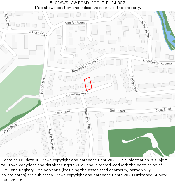 5, CRAWSHAW ROAD, POOLE, BH14 8QZ: Location map and indicative extent of plot