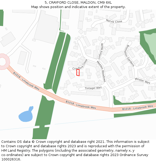 5, CRAYFORD CLOSE, MALDON, CM9 6XL: Location map and indicative extent of plot