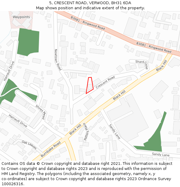5, CRESCENT ROAD, VERWOOD, BH31 6DA: Location map and indicative extent of plot