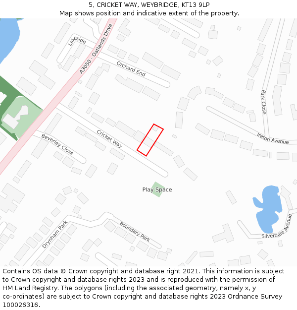 5, CRICKET WAY, WEYBRIDGE, KT13 9LP: Location map and indicative extent of plot