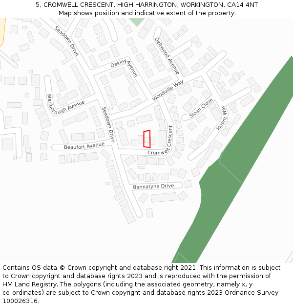 5, CROMWELL CRESCENT, HIGH HARRINGTON, WORKINGTON, CA14 4NT: Location map and indicative extent of plot
