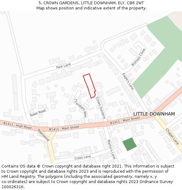 5, CROWN GARDENS, LITTLE DOWNHAM, ELY, CB6 2WT: Location map and indicative extent of plot