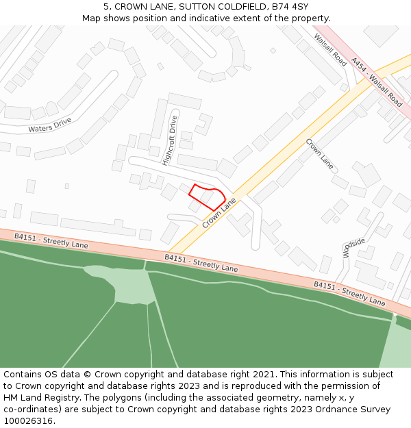 5, CROWN LANE, SUTTON COLDFIELD, B74 4SY: Location map and indicative extent of plot