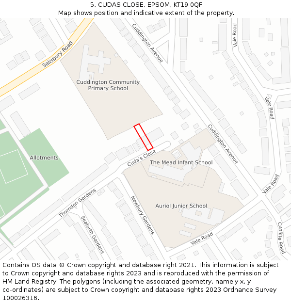 5, CUDAS CLOSE, EPSOM, KT19 0QF: Location map and indicative extent of plot