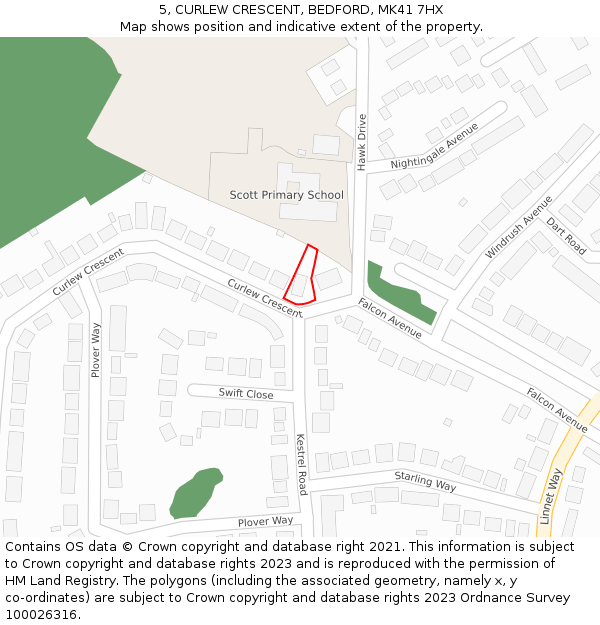 5, CURLEW CRESCENT, BEDFORD, MK41 7HX: Location map and indicative extent of plot