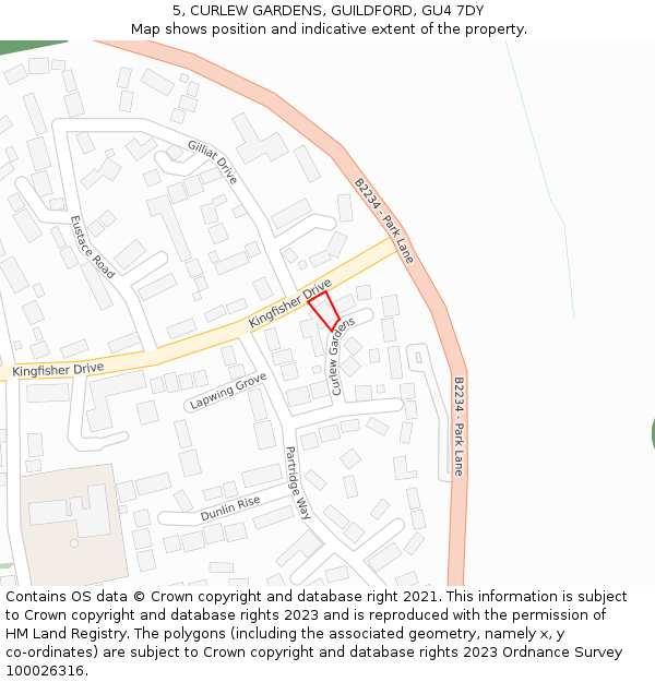 5, CURLEW GARDENS, GUILDFORD, GU4 7DY: Location map and indicative extent of plot