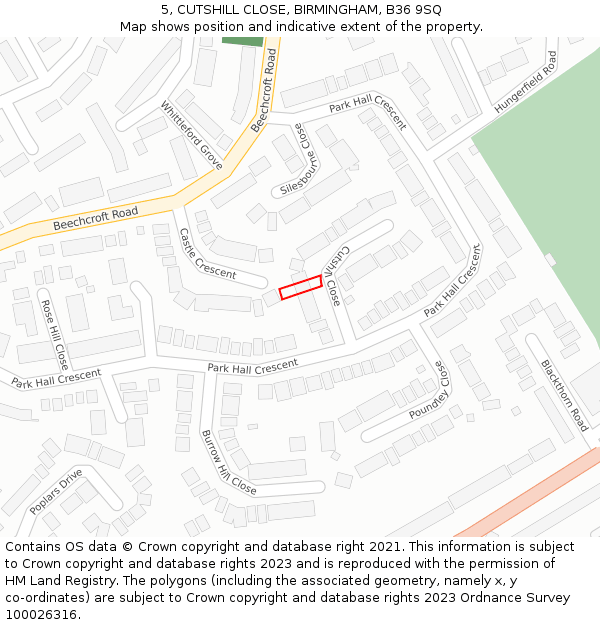 5, CUTSHILL CLOSE, BIRMINGHAM, B36 9SQ: Location map and indicative extent of plot