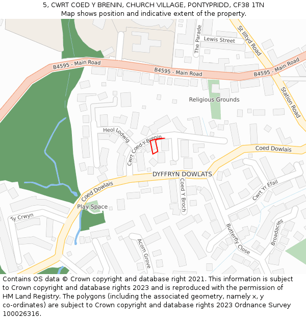5, CWRT COED Y BRENIN, CHURCH VILLAGE, PONTYPRIDD, CF38 1TN: Location map and indicative extent of plot