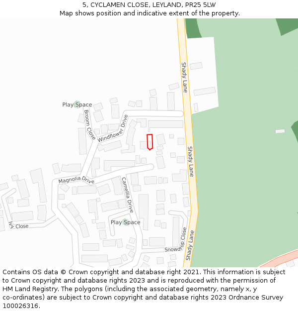 5, CYCLAMEN CLOSE, LEYLAND, PR25 5LW: Location map and indicative extent of plot