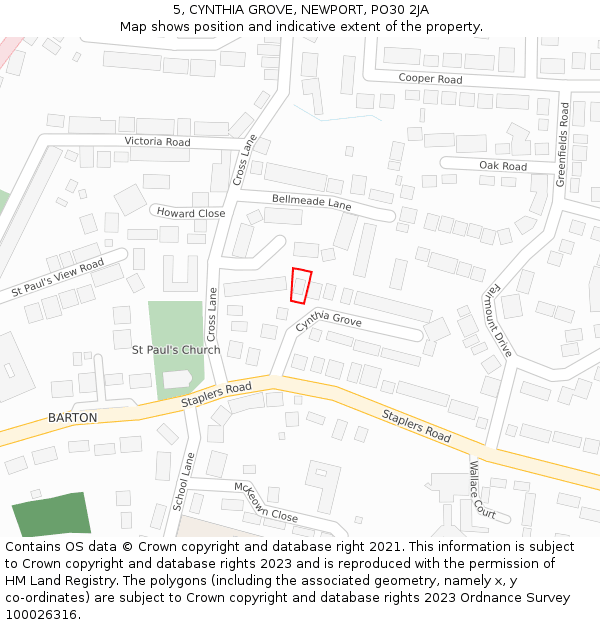 5, CYNTHIA GROVE, NEWPORT, PO30 2JA: Location map and indicative extent of plot