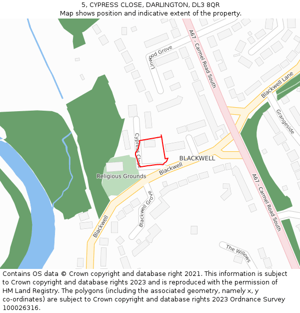 5, CYPRESS CLOSE, DARLINGTON, DL3 8QR: Location map and indicative extent of plot