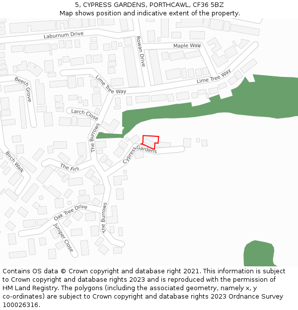 5, CYPRESS GARDENS, PORTHCAWL, CF36 5BZ: Location map and indicative extent of plot