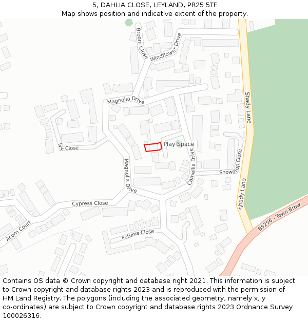 5, DAHLIA CLOSE, LEYLAND, PR25 5TF: Location map and indicative extent of plot