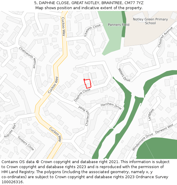 5, DAPHNE CLOSE, GREAT NOTLEY, BRAINTREE, CM77 7YZ: Location map and indicative extent of plot