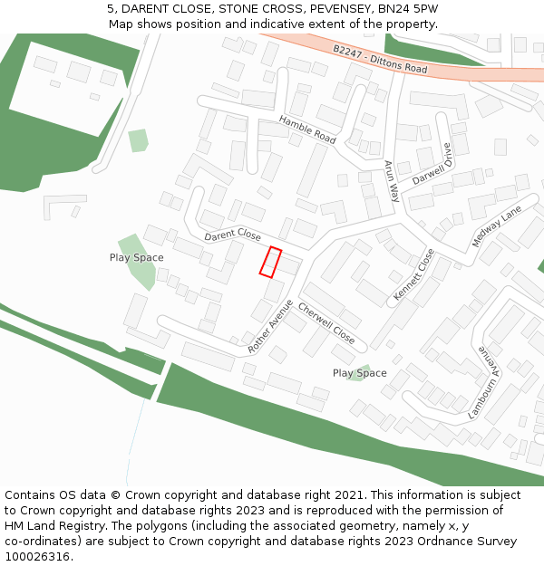 5, DARENT CLOSE, STONE CROSS, PEVENSEY, BN24 5PW: Location map and indicative extent of plot