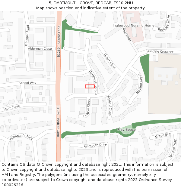 5, DARTMOUTH GROVE, REDCAR, TS10 2NU: Location map and indicative extent of plot