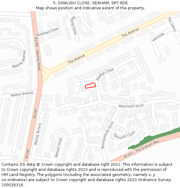 5, DAWLISH CLOSE, SEAHAM, SR7 8DE: Location map and indicative extent of plot