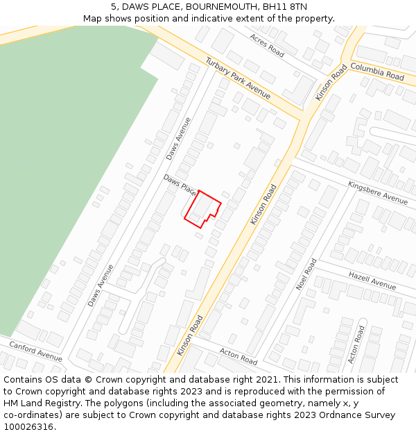 5, DAWS PLACE, BOURNEMOUTH, BH11 8TN: Location map and indicative extent of plot