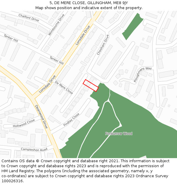 5, DE MERE CLOSE, GILLINGHAM, ME8 9JY: Location map and indicative extent of plot