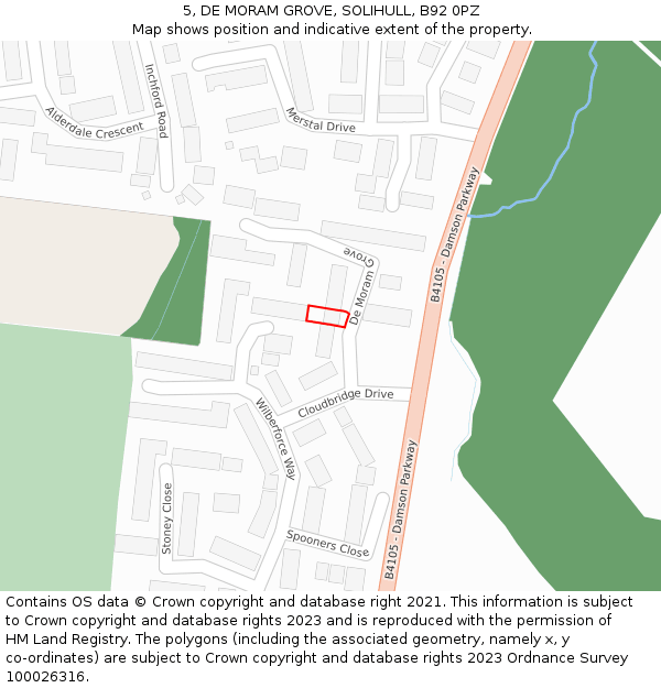 5, DE MORAM GROVE, SOLIHULL, B92 0PZ: Location map and indicative extent of plot
