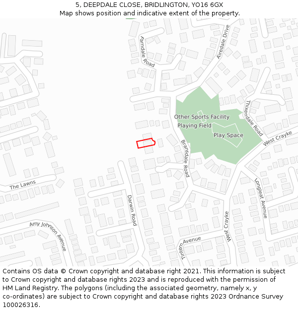 5, DEEPDALE CLOSE, BRIDLINGTON, YO16 6GX: Location map and indicative extent of plot