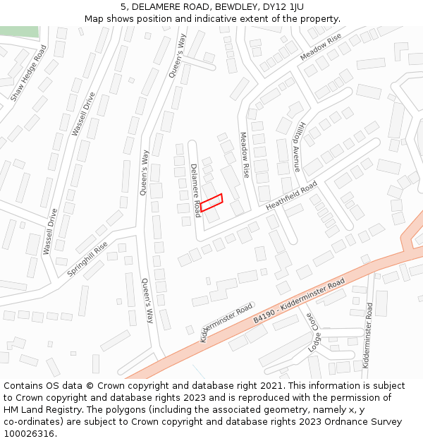 5, DELAMERE ROAD, BEWDLEY, DY12 1JU: Location map and indicative extent of plot