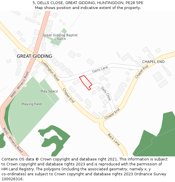 5, DELLS CLOSE, GREAT GIDDING, HUNTINGDON, PE28 5PE: Location map and indicative extent of plot