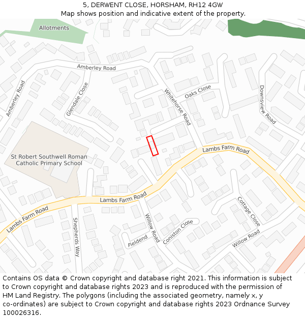 5, DERWENT CLOSE, HORSHAM, RH12 4GW: Location map and indicative extent of plot