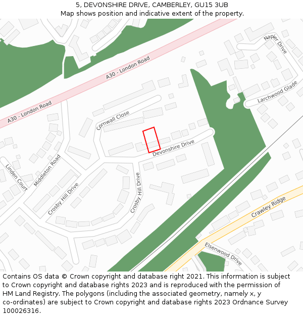 5, DEVONSHIRE DRIVE, CAMBERLEY, GU15 3UB: Location map and indicative extent of plot