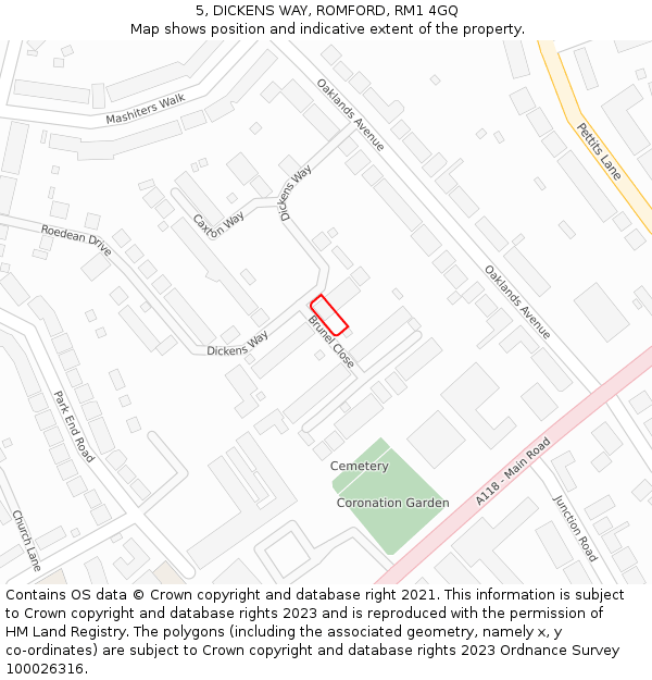 5, DICKENS WAY, ROMFORD, RM1 4GQ: Location map and indicative extent of plot